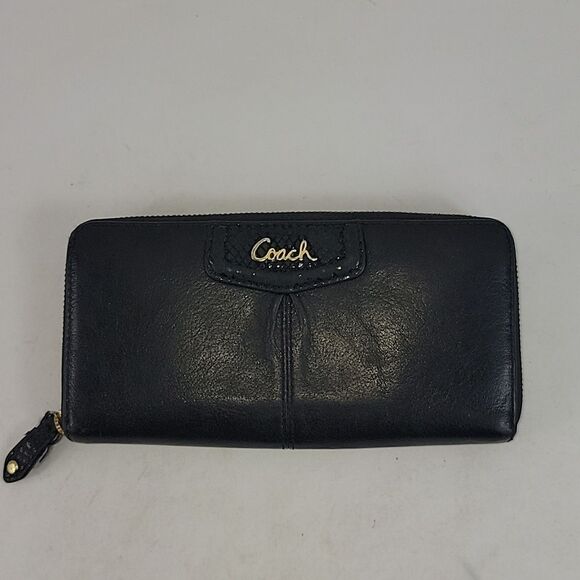 Coach Ashley Leather Wallet Accordion 3 Side Zip Black Wristlet - Picture 2 of 11